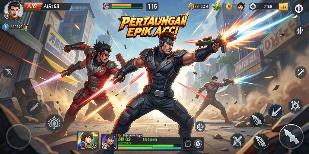 Tampilkan aksi mendebarkan karakter dalam pertarungan seru.