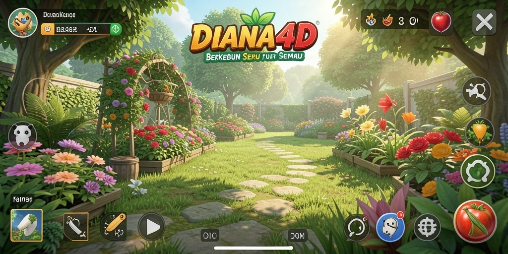 Screenshot gameplay DIANA4D menampilkan aksi berkebun yang seru dan penuh warna.