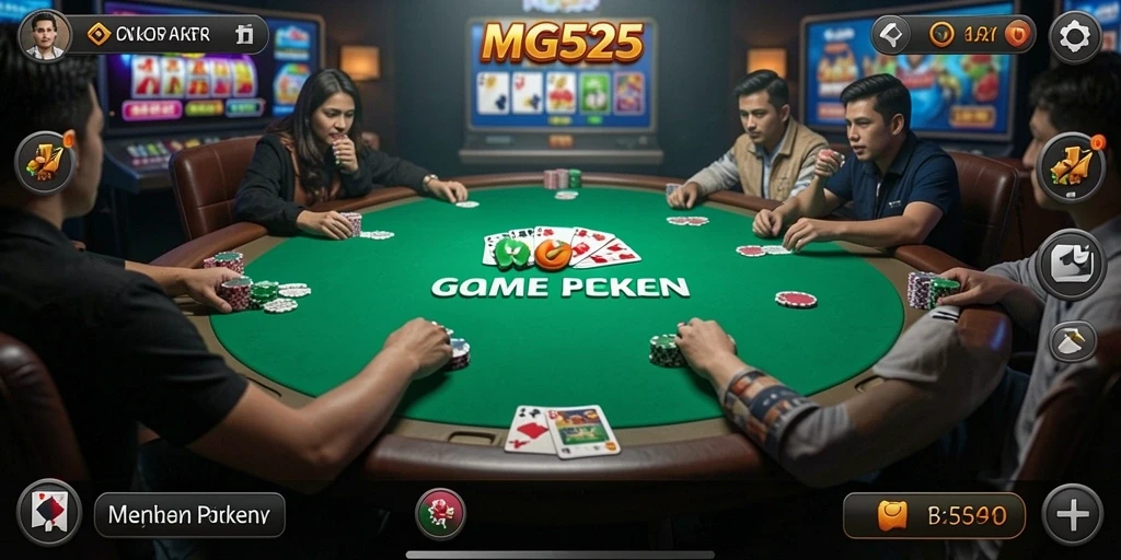 Screenshot gameplay MG525 yang menampilkan suasana meja Poker yang seru.