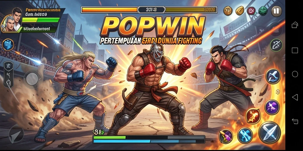 Tangkapan layar utama gameplay POPWIN menampilkan pertarungan seru antara karakter yang unik.