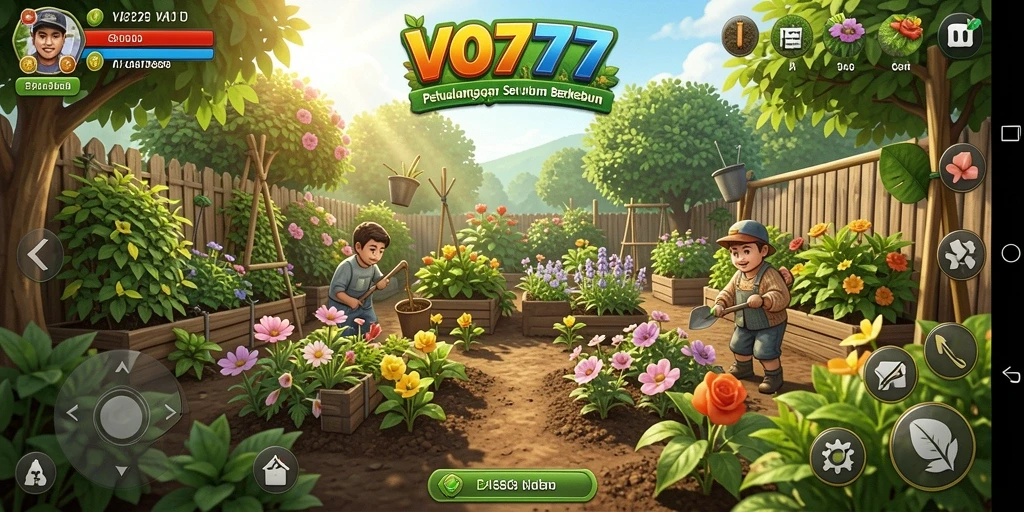 Screenshot VO777 menunjukkan pemain sedang menanam dan merawat ladang.